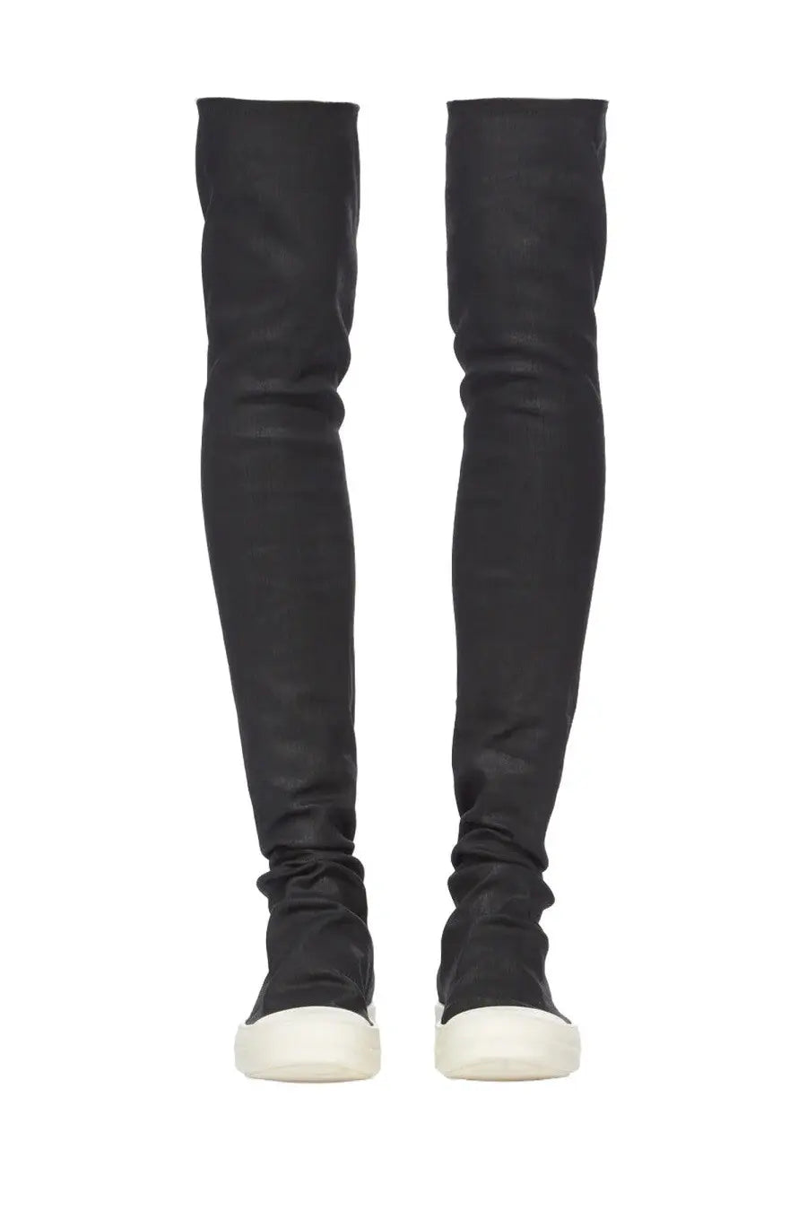 Drkshdw women’s high sock sneaks black over-the-knee boots with sleek stretchy material and white rubber soles