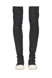 Drkshdw women’s high sock sneaks black over-the-knee boots with sleek stretchy material and white rubber soles
