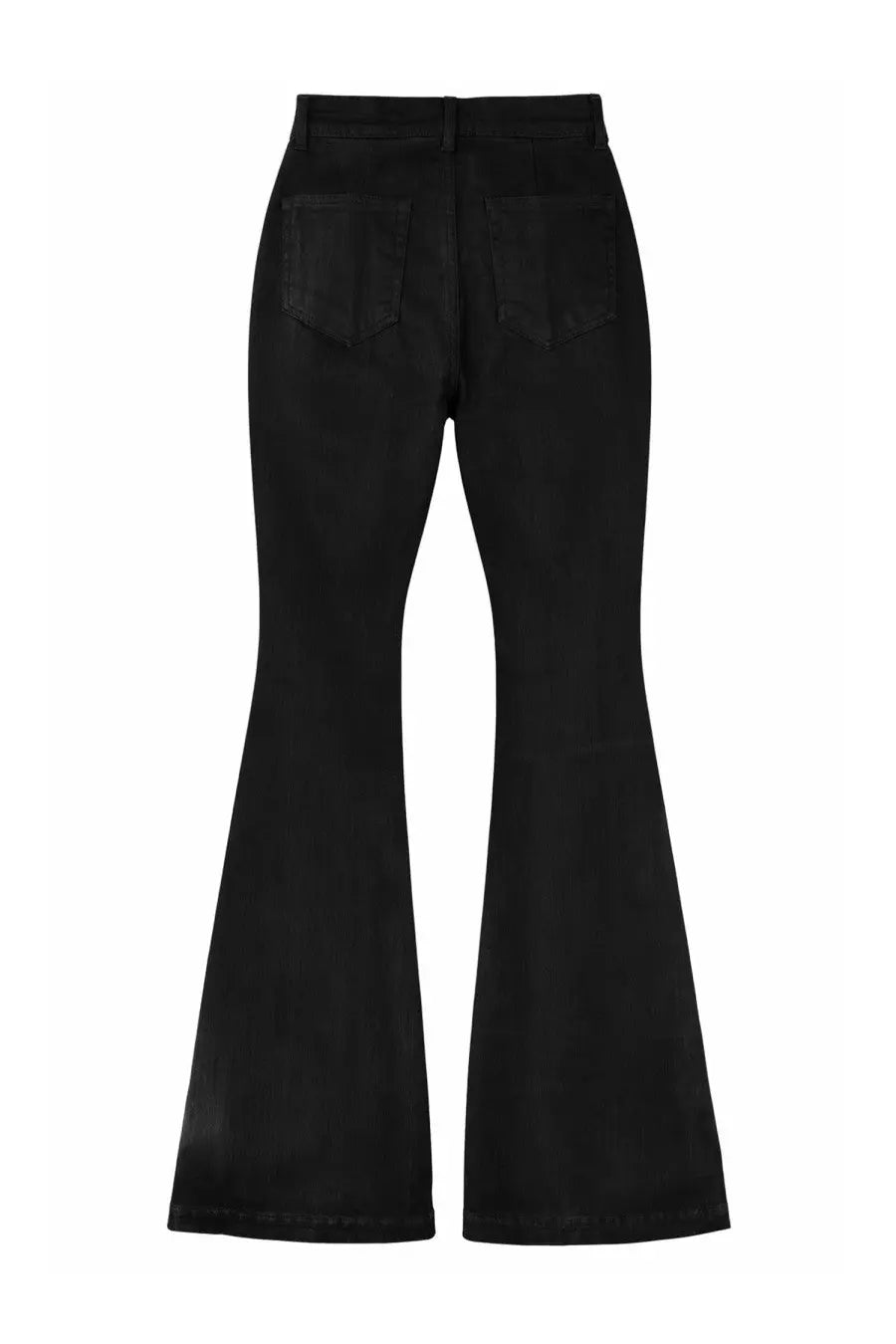 Back side of drkshdw women’s black high-waisted flared denim jeans with straight-leg cut and classic back pockets