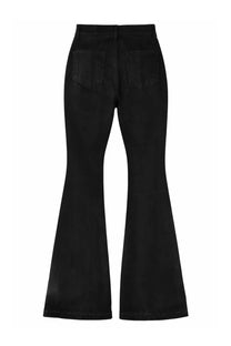 Back side of drkshdw women’s black high-waisted flared denim jeans with straight-leg cut and classic back pockets