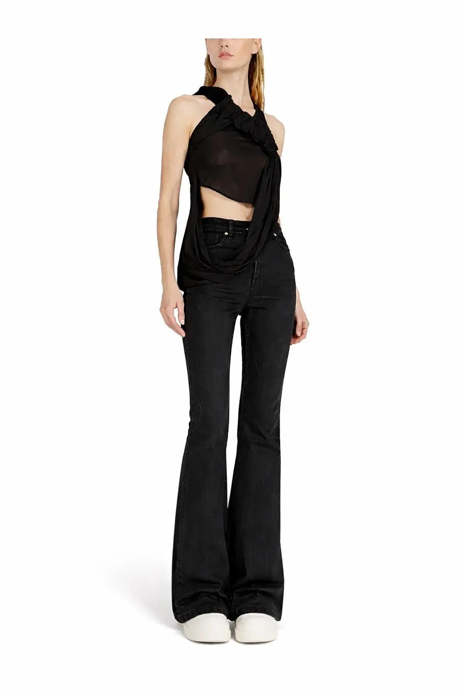 Drkshdw women’s jeans bolan black featuring a black sheer halter top with ruffled detailing and cutout design