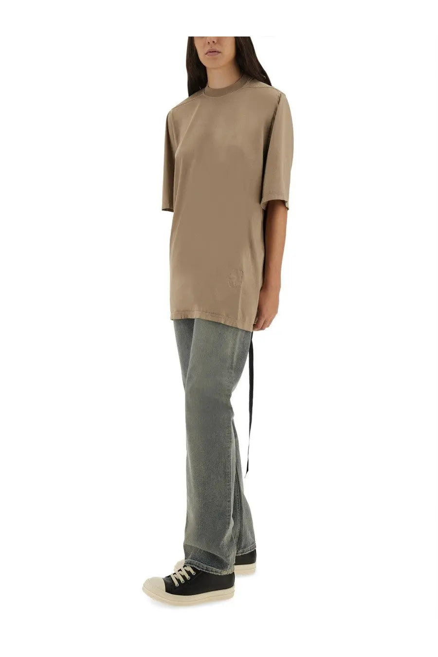 Beige oversized relaxed fit t-shirt with subtle side slit detail from DRKSHDW women’s jumbo shirt collection