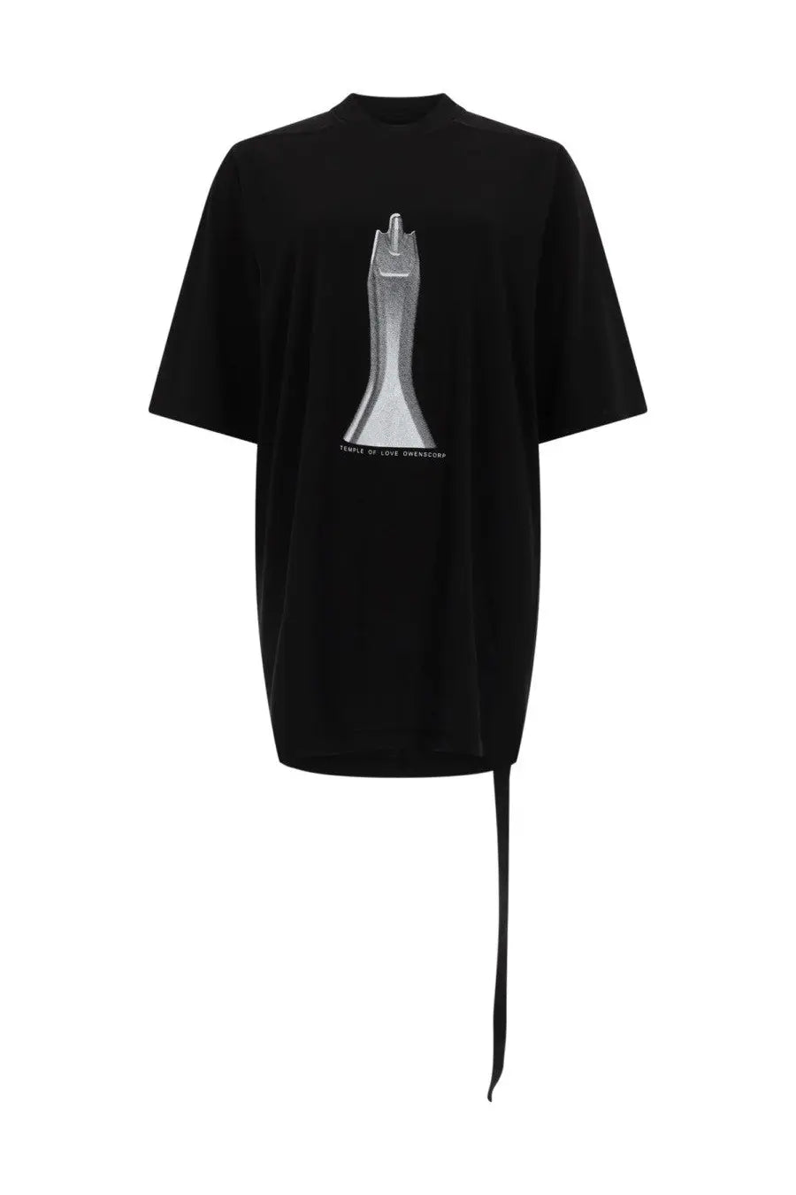 Black oversized DRKSHDW women’s jumbo SS shirt with silver temple of love graphic and long black tie at hem