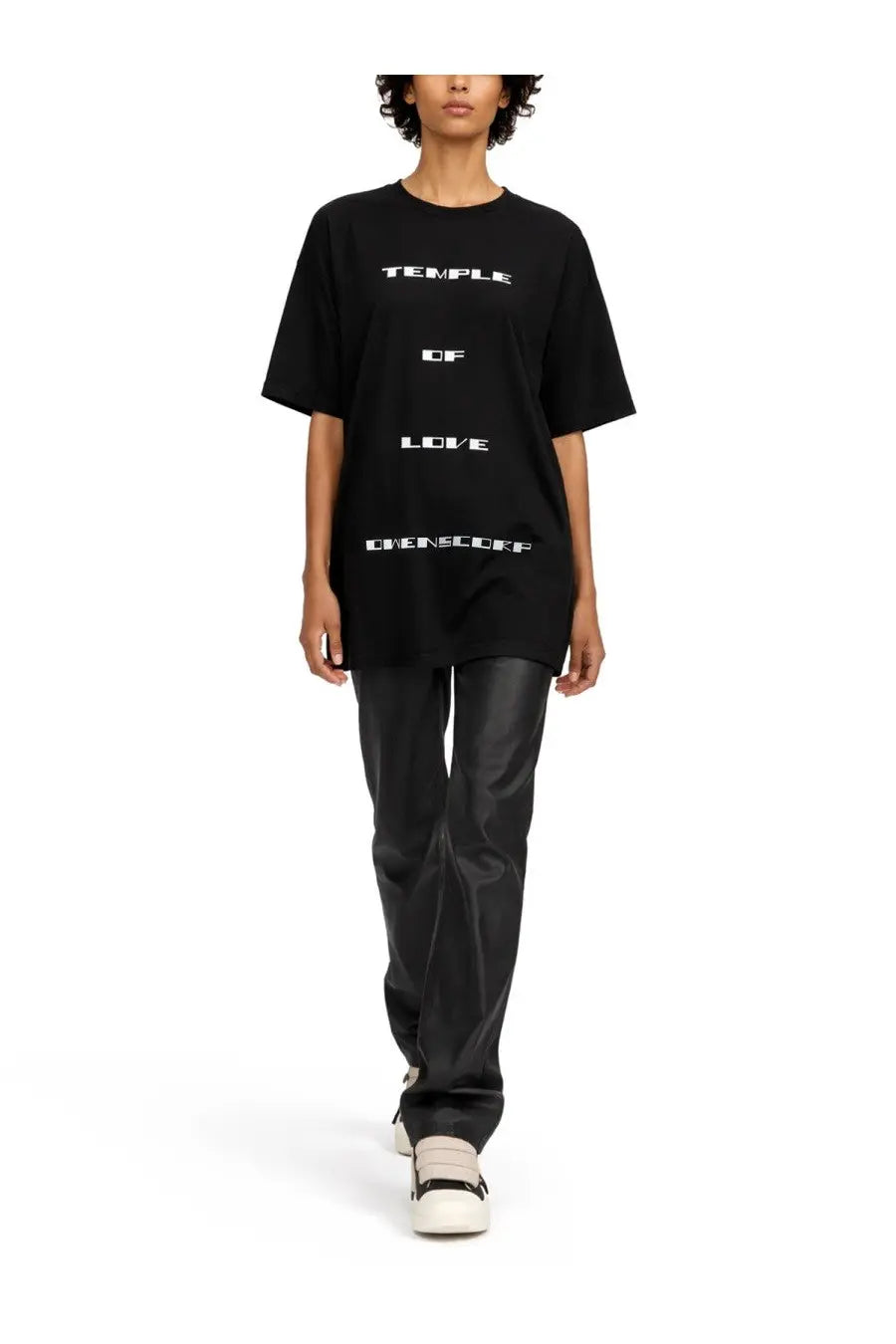 Drkshdw women’s black oversized t-shirt with white temple of love vertical print on front made of soft cotton