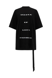 Drkshdw women’s jumbo black oversized t-shirt with white temple of love dimensions text and side tie detail