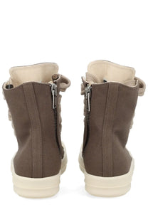 Brown canvas high-top womens sneakers with cream rubber soles and zipper closures by DRKSHDW Jumbolace Sneaks gray