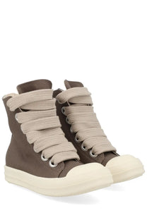 Drkshdw women’s jumbolace sneaker grey featuring brown high-top design with thick beige laces and white rubber sole