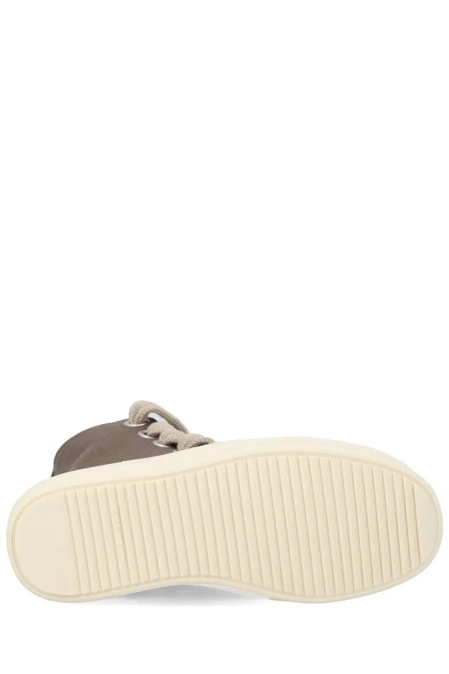 Drkshdw women’s jumbolace sneaks gray high-top sneaker with cream rubber sole and matching gray laces