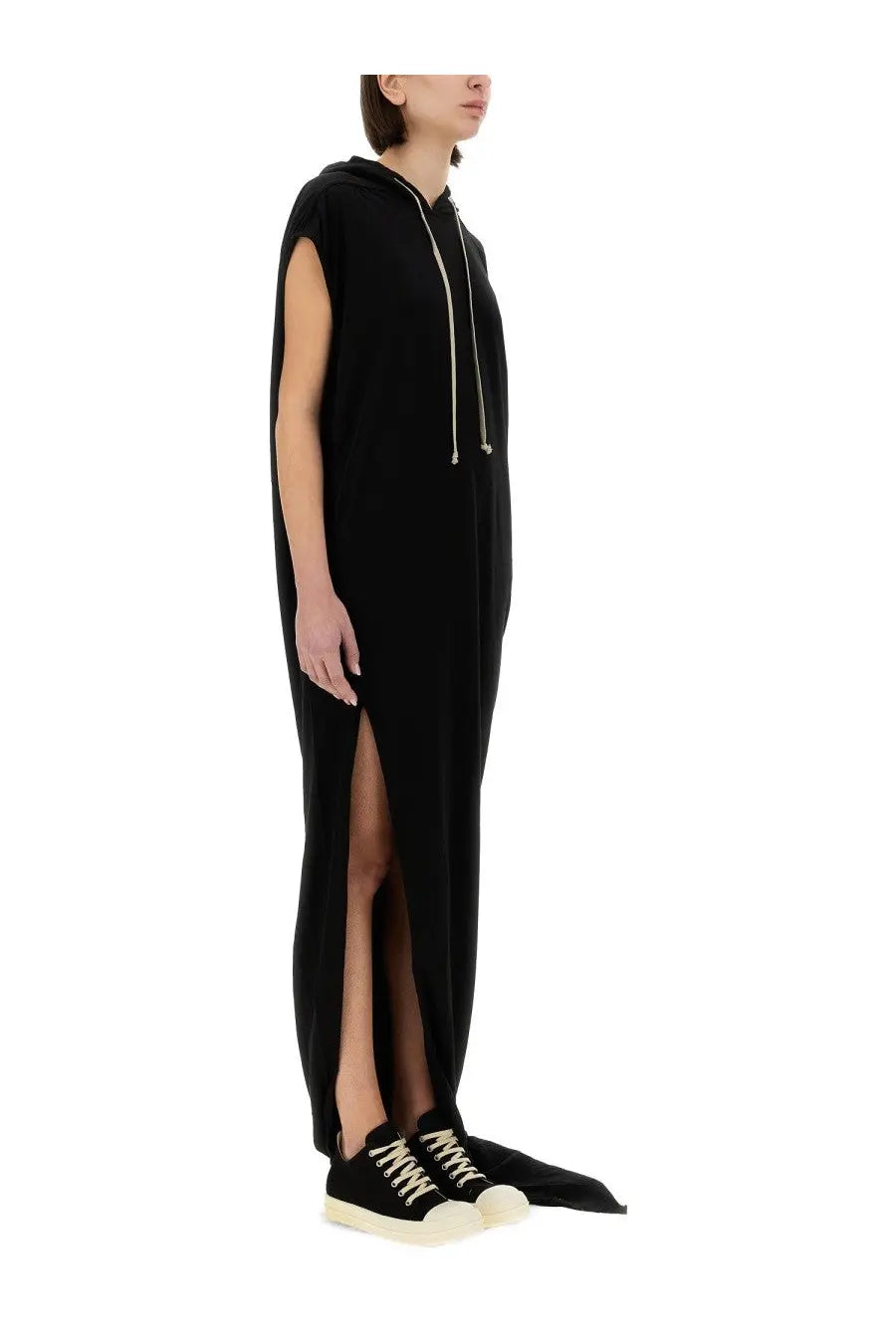 Black sleeveless hooded maxi dress with high slit and silver drawstrings from DRKSHDW women’s long dress collection