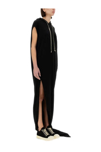 Black sleeveless hooded maxi dress with high slit and silver drawstrings from DRKSHDW women’s long dress collection