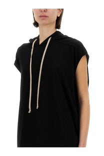 Drkshdw women’s black long dress featuring a sleeveless hoodie with cream-colored drawstrings