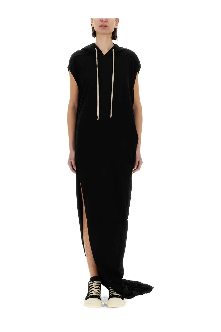 Drkshdw women’s black sleeveless hoodie dress with front slit and cream-colored drawstrings