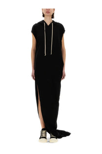 Drkshdw women’s black sleeveless hoodie dress with front slit and cream-colored drawstrings