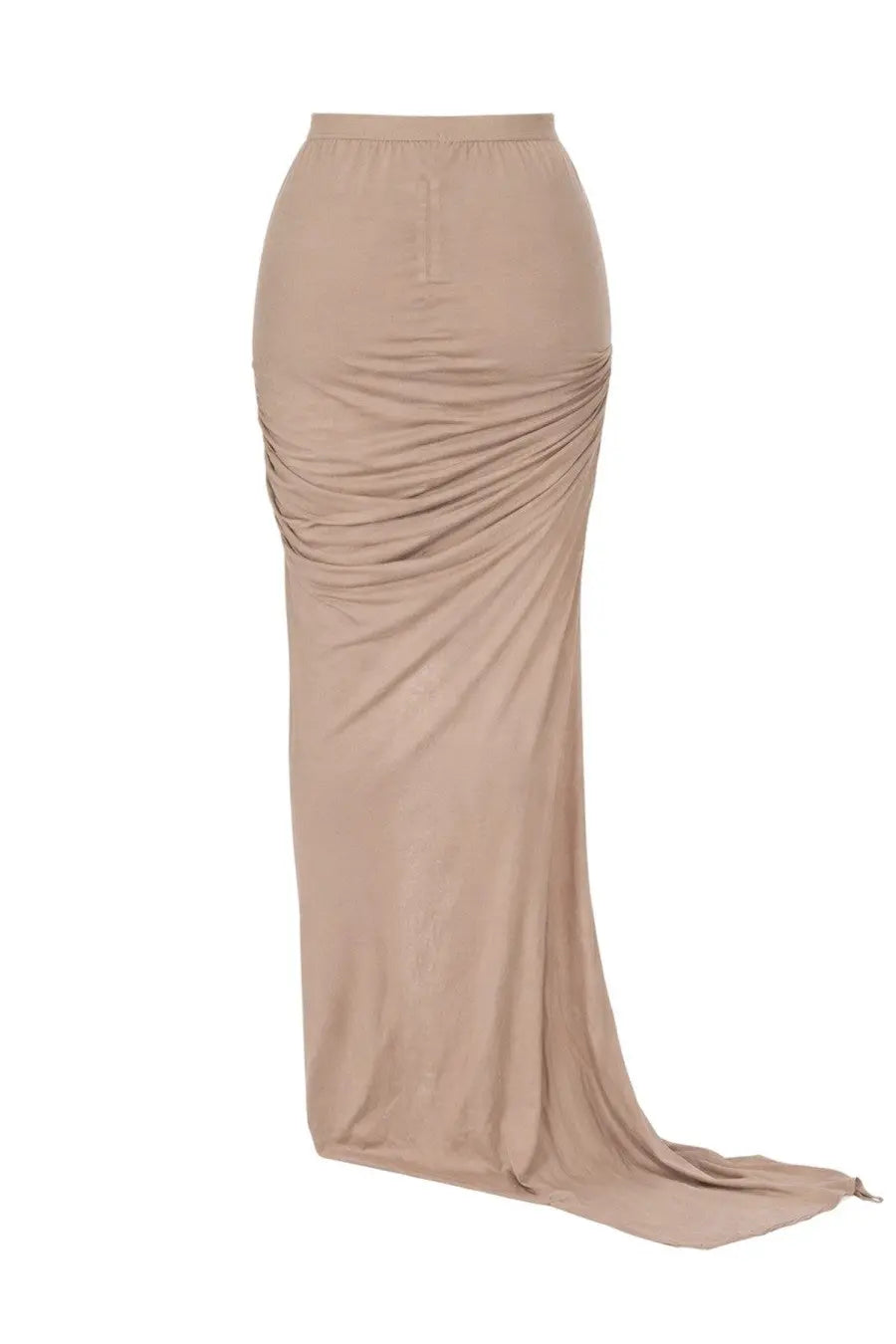 Beige drkshdw women’s long skirt with ruched detailing and sleek flowing silhouette in lightweight fabric