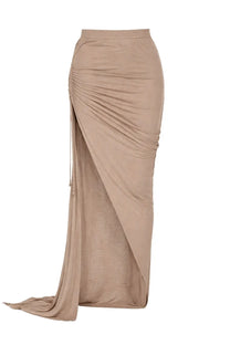 Drkshdw women’s beige long skirt with ruched side slit and matching drawstring detail in taupe fabric