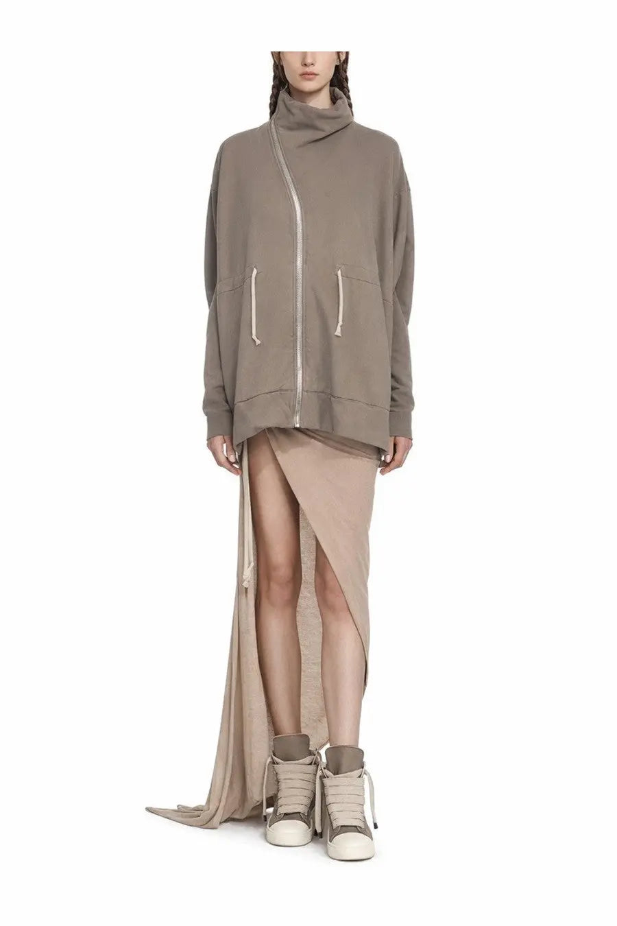 Drkshdw women’s beige long skirt with taupe oversized high-neck hoodie and sneakers with front pockets and zipper