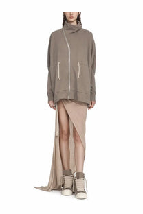 Drkshdw women’s beige long skirt with taupe oversized high-neck hoodie and sneakers with front pockets and zipper