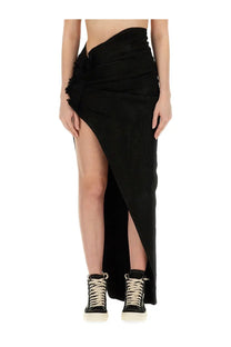 Drkshdw women’s long black asymmetrical wrap skirt with high slit and frayed edge detail