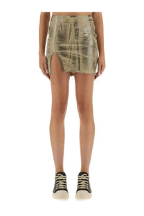 Drkshdw women’s beige metallic gold mini skirt with distressed ripped hem and side slit in minimal design