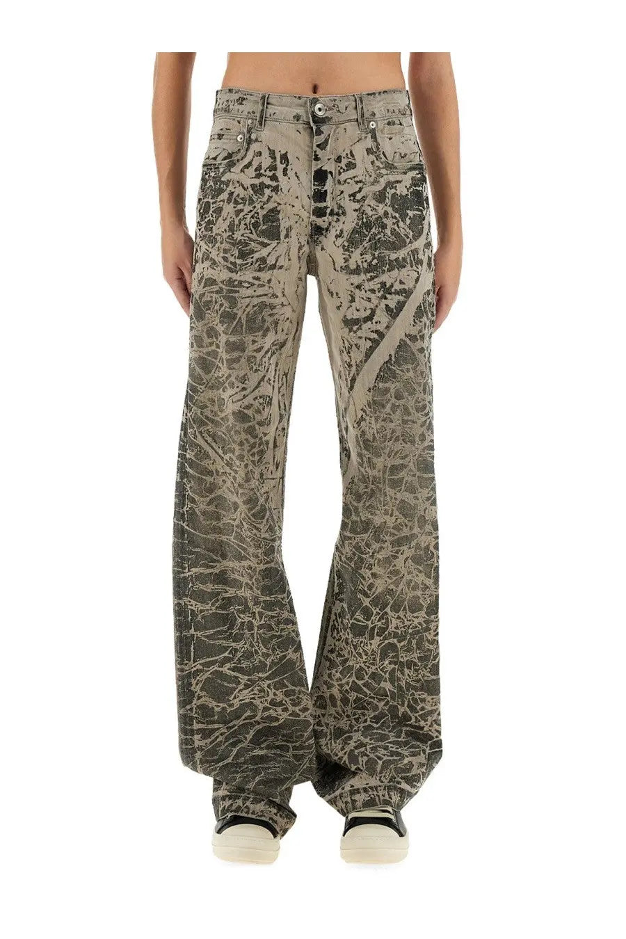 Drkshdw women’s flared denim pants concordians black with distressed abstract crackle pattern in gray and black