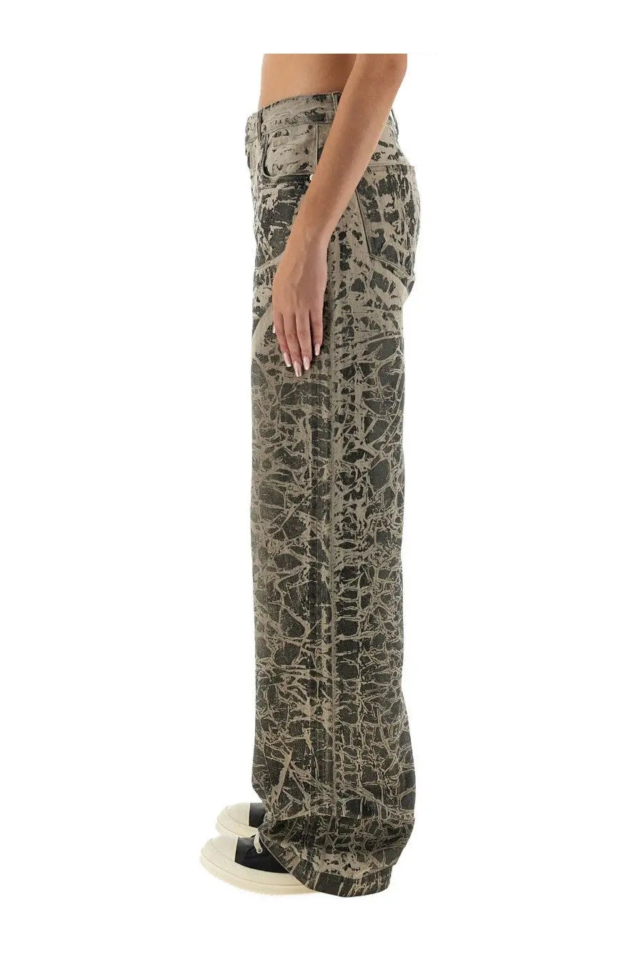 Drkshdw women’s wide-leg denim pants concordians black with distressed cracked olive green and beige pattern