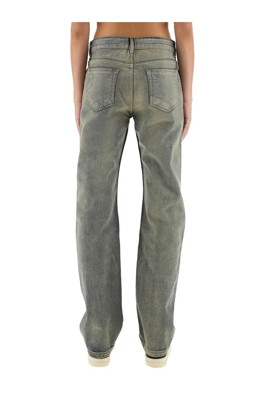 A pair of drkshdw womens wide-leg faded gray denim jeans with relaxed fit shown from the back side