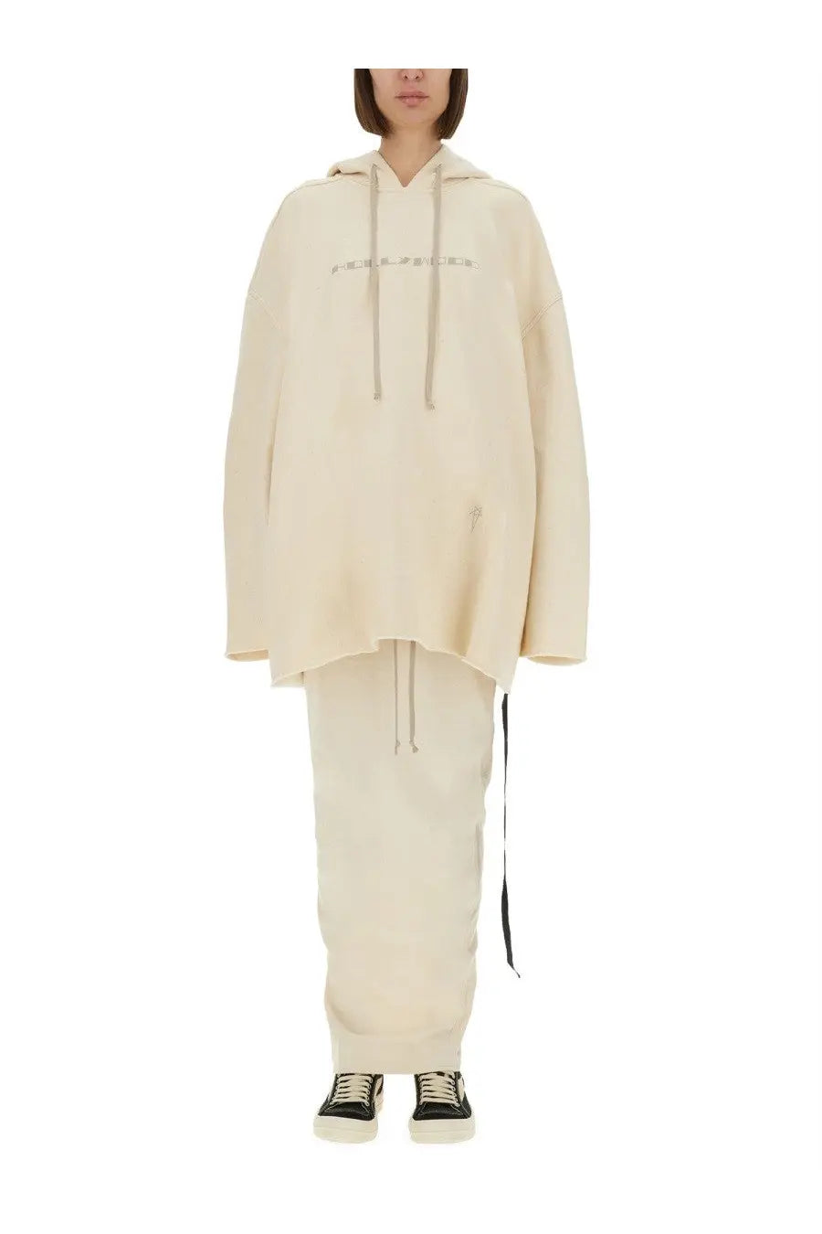 Cream-colored oversized hoodie by DRKSHDW with subtle embroidered logo and matching drawstrings on the chest