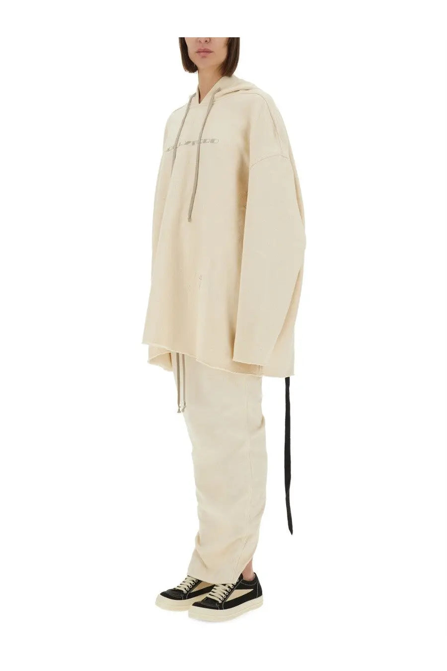 Cream-colored DRKSHDW women’s Peter sweatshirt with oversized fit embroidered logo and matching drawstrings on chest
