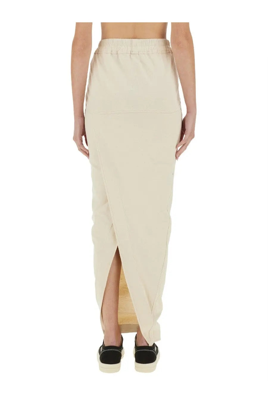 Beige high-waisted DRKSHDW women’s Pillar maxi skirt with wrap design, side slit, and elastic waistband in white