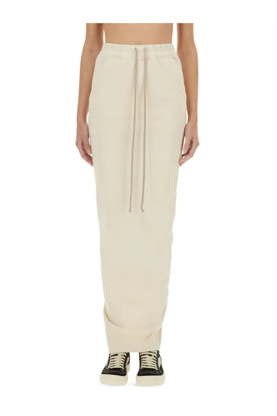 Cream-colored relaxed-fit jogger pants with drawstring waist and tapered legs for casual comfort and style