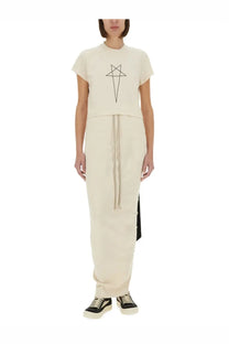 Cream-colored short-sleeved crop top with black geometric star design paired with DRKSHDW women’s white maxi skirt