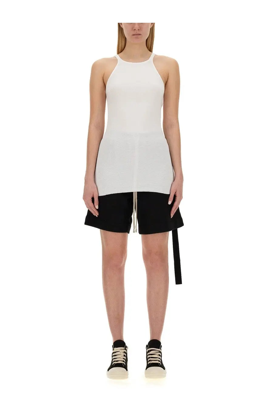 White halter-neck knit dress with asymmetrical hemline paired with black drawstring waistband shorts drkshdw women’s racer back shirt white