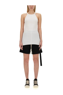 White halter-neck knit dress with asymmetrical hemline paired with black drawstring waistband shorts drkshdw women’s racer back shirt white
