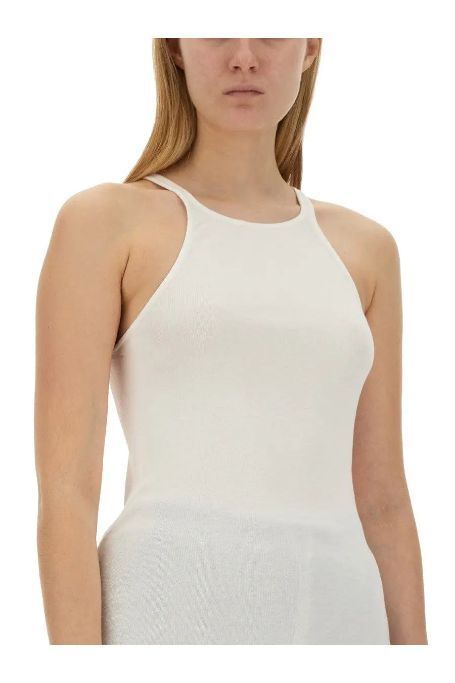 Drkshdw women’s racer back shirt white minimalist halter neck top with sleek form fitting smooth fabric