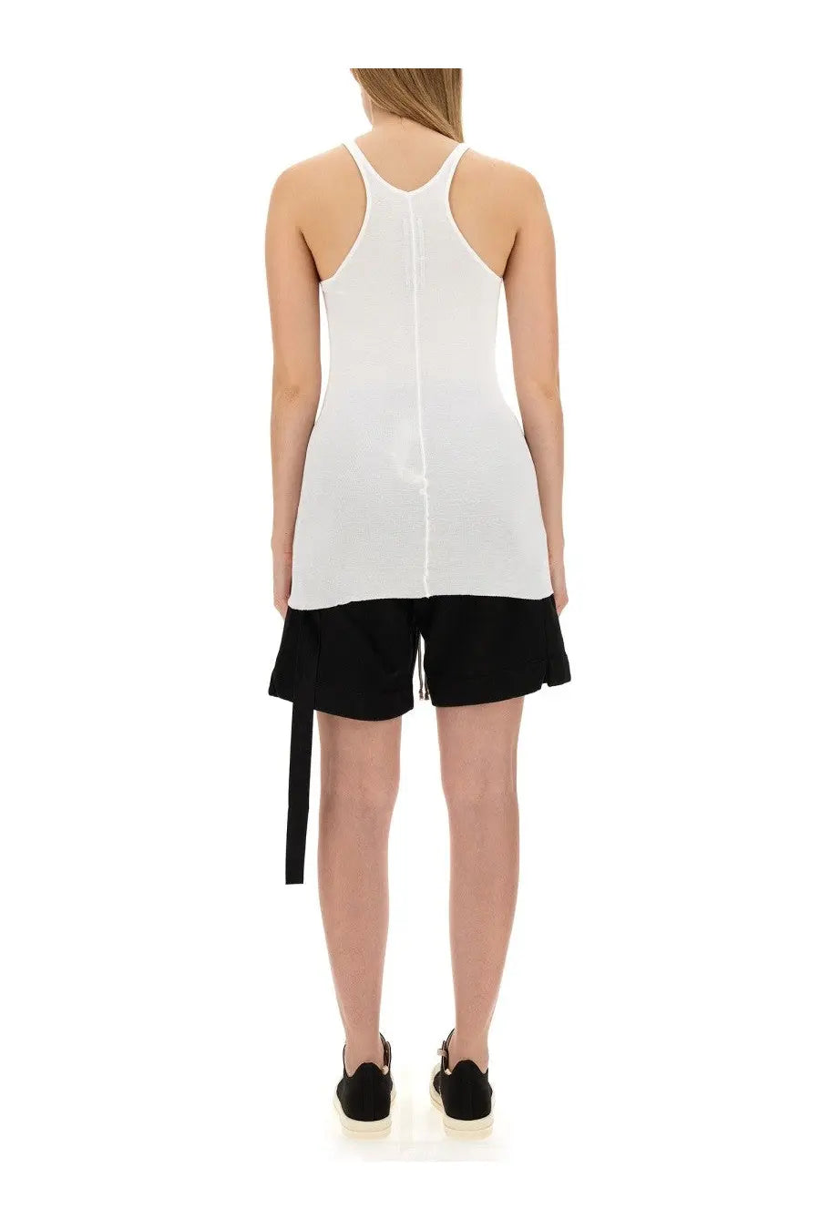 White racerback tank top with central seam paired with black side tie shorts from drkshdw womens collection
