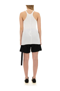 White racerback tank top with central seam paired with black side tie shorts from drkshdw womens collection