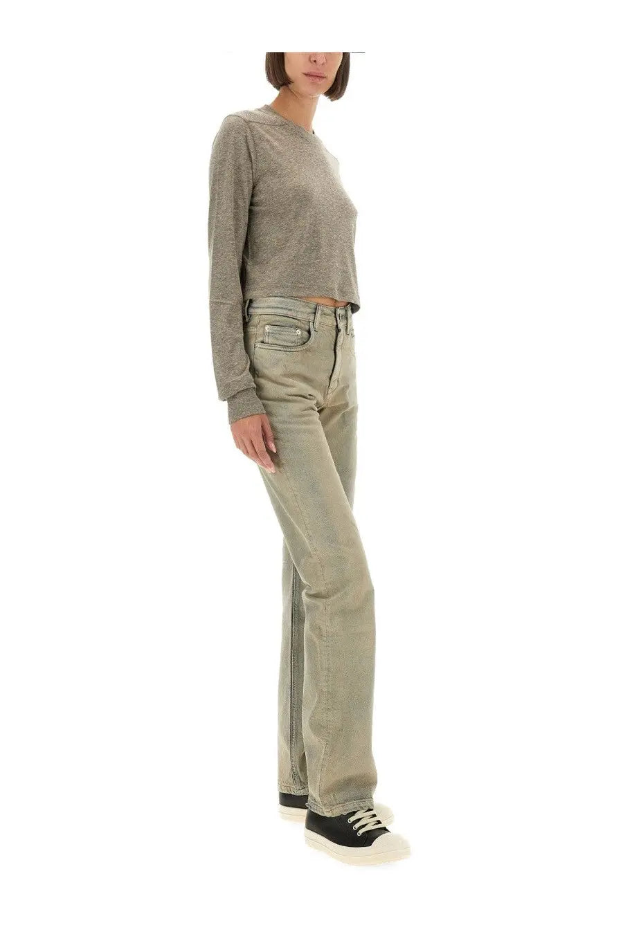 Olive green straight-leg denim jeans with faded wash and classic five-pocket design for drkshdw women’s shirt ls cropped small level grey