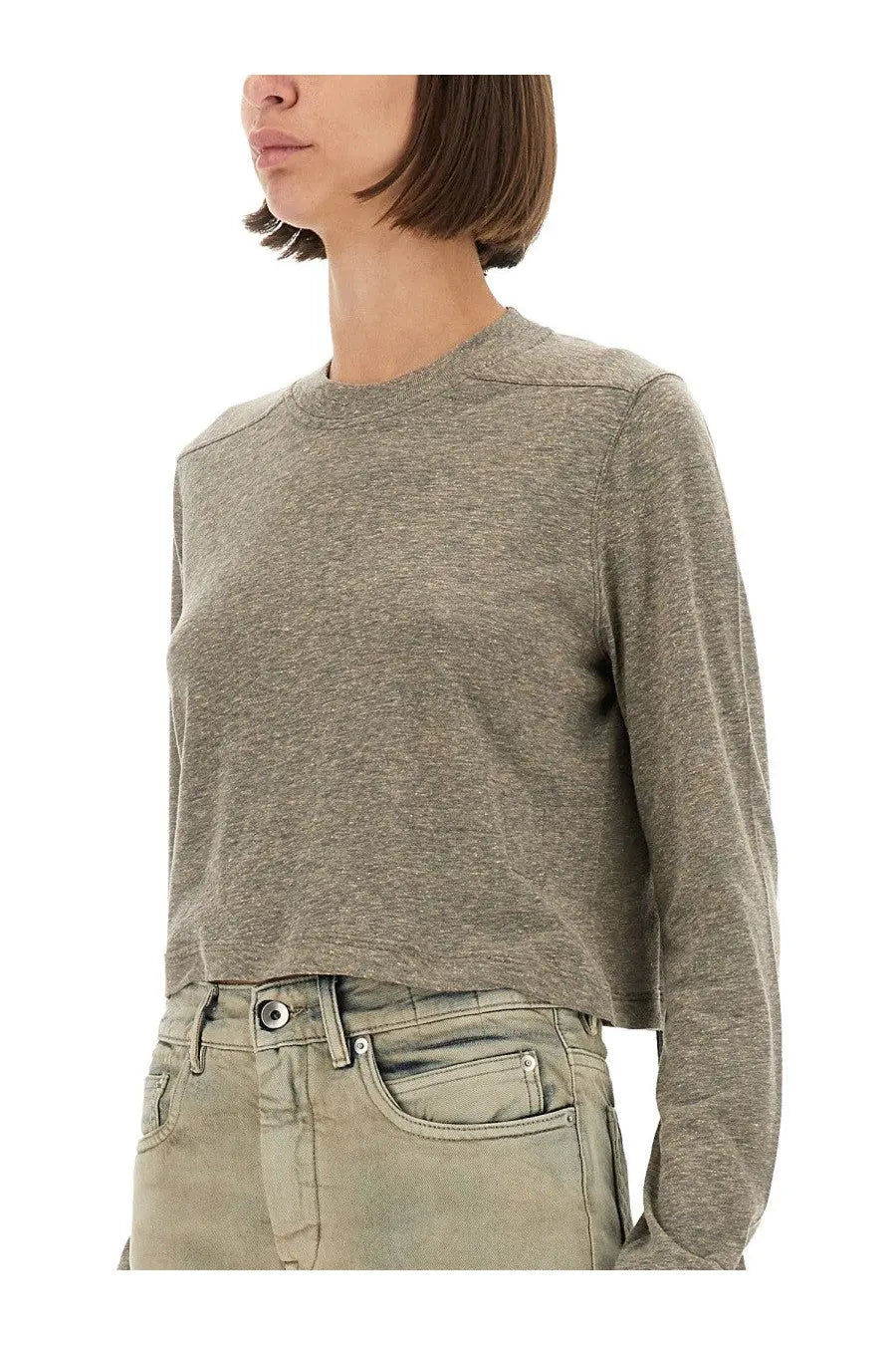 Drkshdw women’s long-sleeved cropped shirt in soft heather gray with a relaxed fit and subtle texture