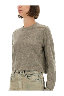 Drkshdw women’s long-sleeved cropped shirt in soft heather gray with a relaxed fit and subtle texture