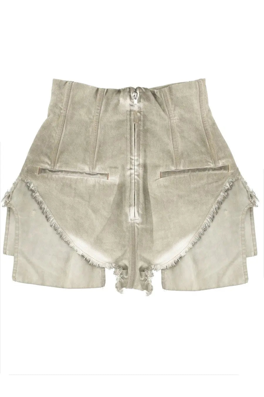 Drkshdw women’s high waisted distressed denim mini skirt in faded beige with frayed hem and front pockets