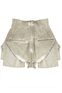 Drkshdw women’s high waisted distressed denim mini skirt in faded beige with frayed hem and front pockets