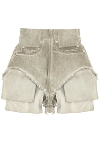 Drkshdw women’s dirt beige high waisted layered shorts in faded gray denim with frayed edges and buttoned front pockets