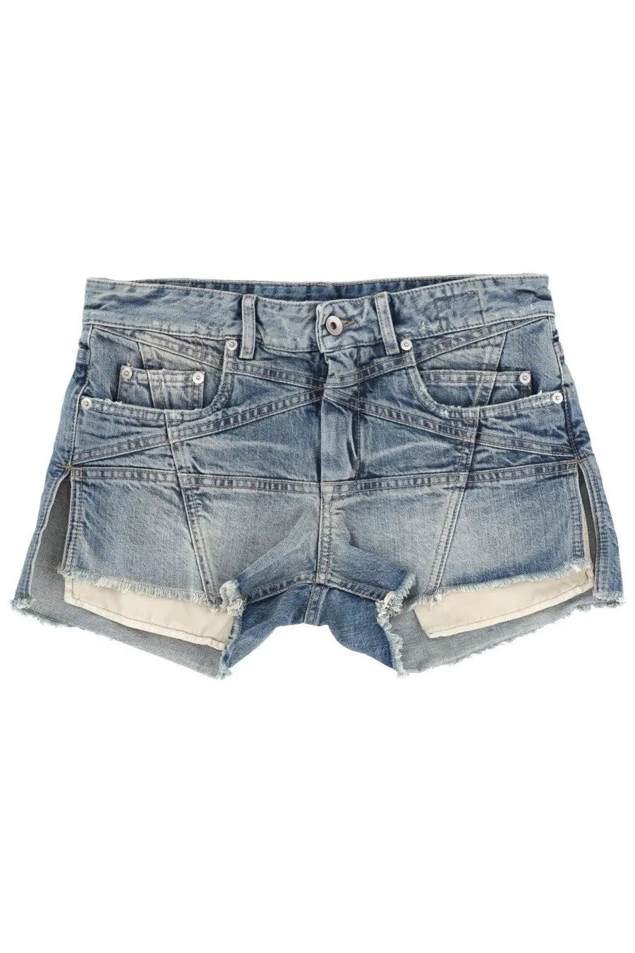 Drkshdw women’s wool blue shorts with light-wash denim, frayed hem, and multiple pockets