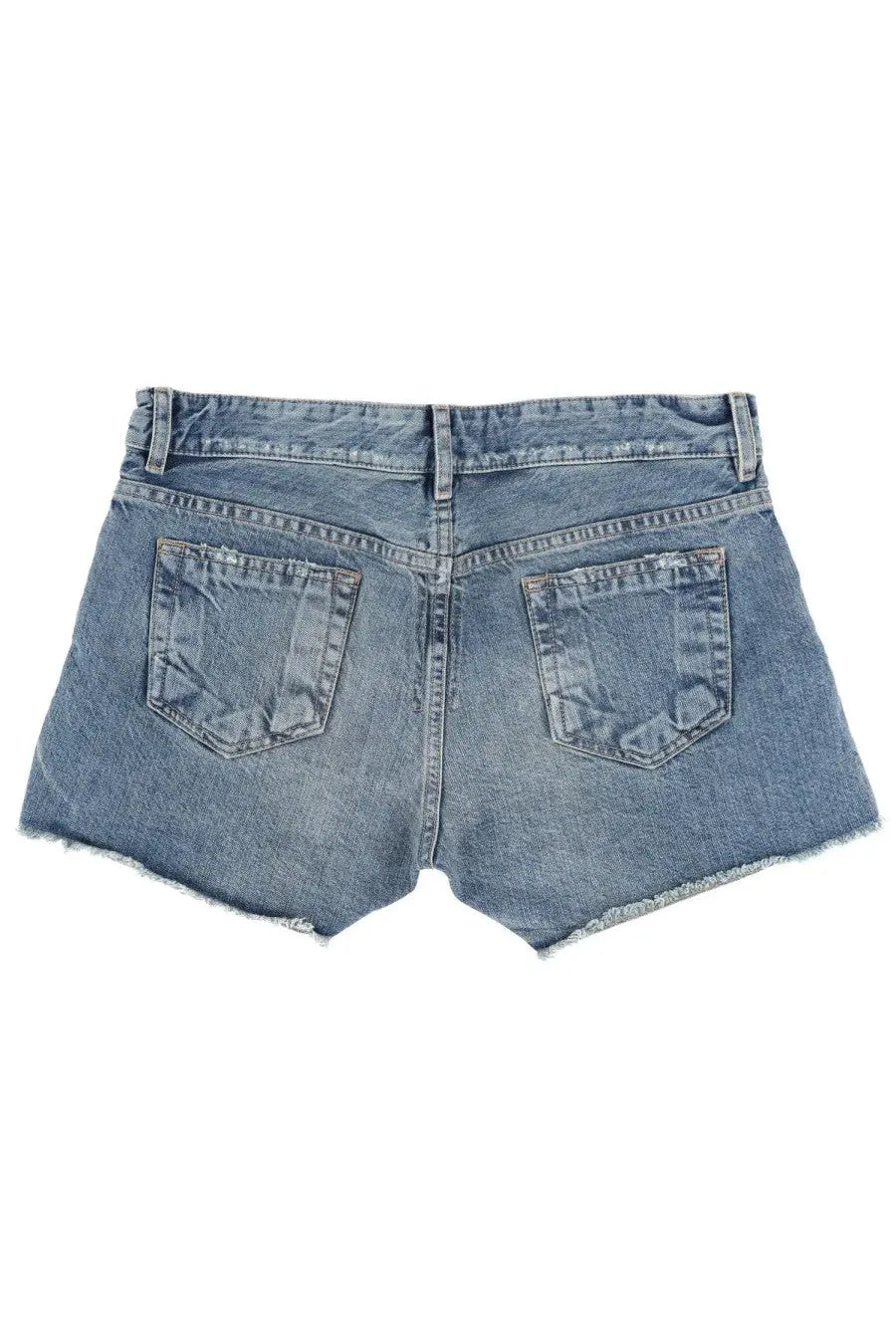 Back view of drkshdw women’s wool blue light-wash denim shorts with frayed hem and classic back pockets