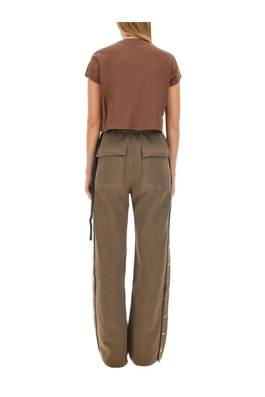 Drkshdw women’s brown cargo pants with silver eyelet side panels and black drawstring waist in small size