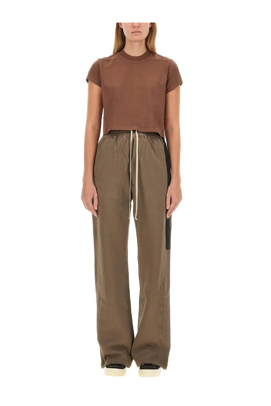 Olive green wide-leg pants with drawstring waist and black side panels from drkshdw womens small levet shirt brown collection