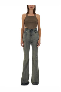 High waisted olive green flared denim jeans with subtle faded wash and five pocket design paired with drkshdw beige tank top