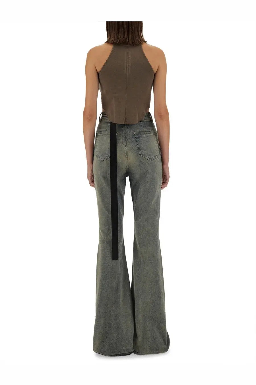 Back view of olive green flared denim pants with black vertical strap from drkshdw women’s tank top beige collection