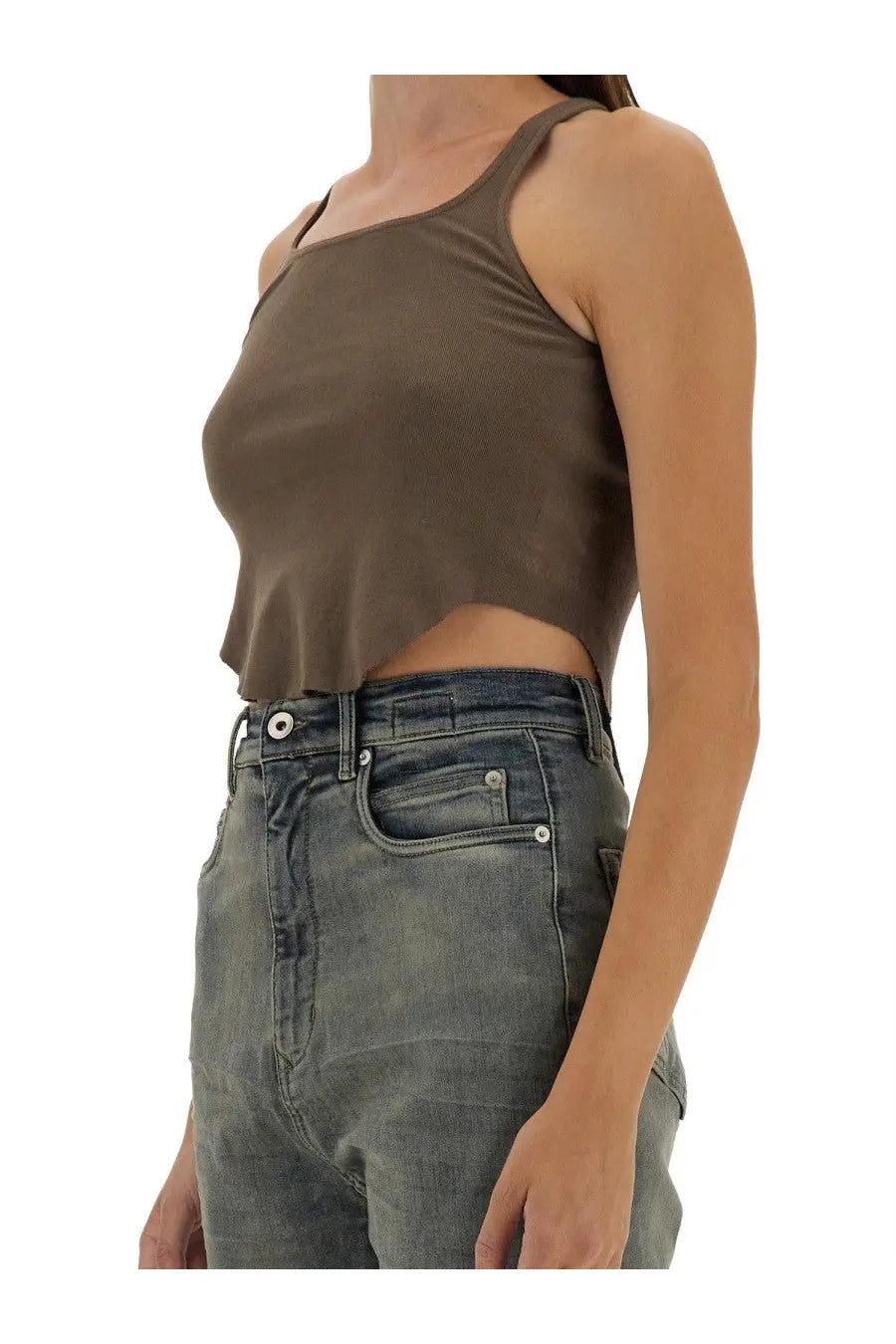 Drkshdw women’s taupe beige cropped tank top with square neckline and thin straps