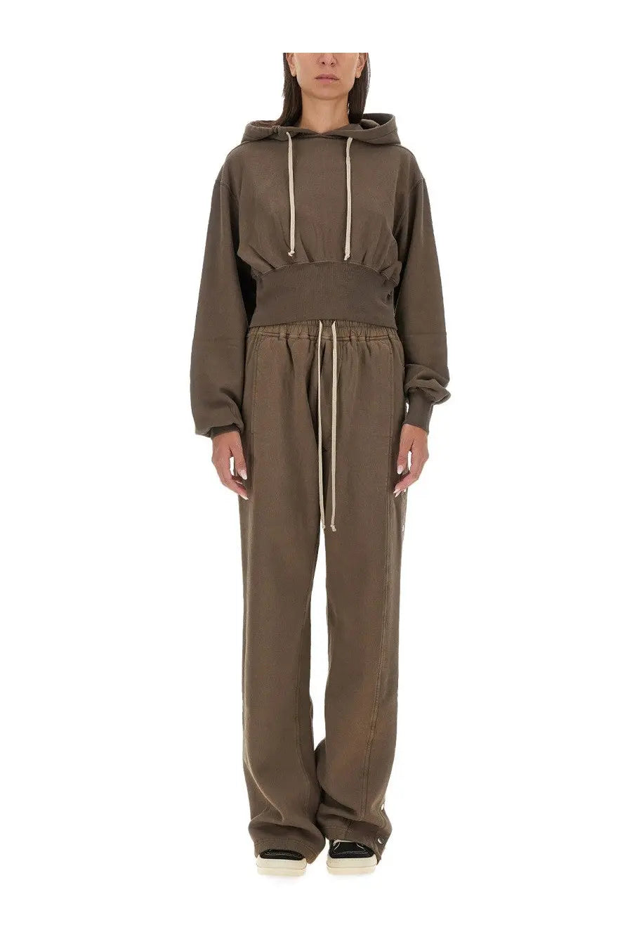 Olive green cropped hoodie and wide-leg sweatpants set with cream drawstrings from drkshdw women’s tatlin sweatshirt beige line